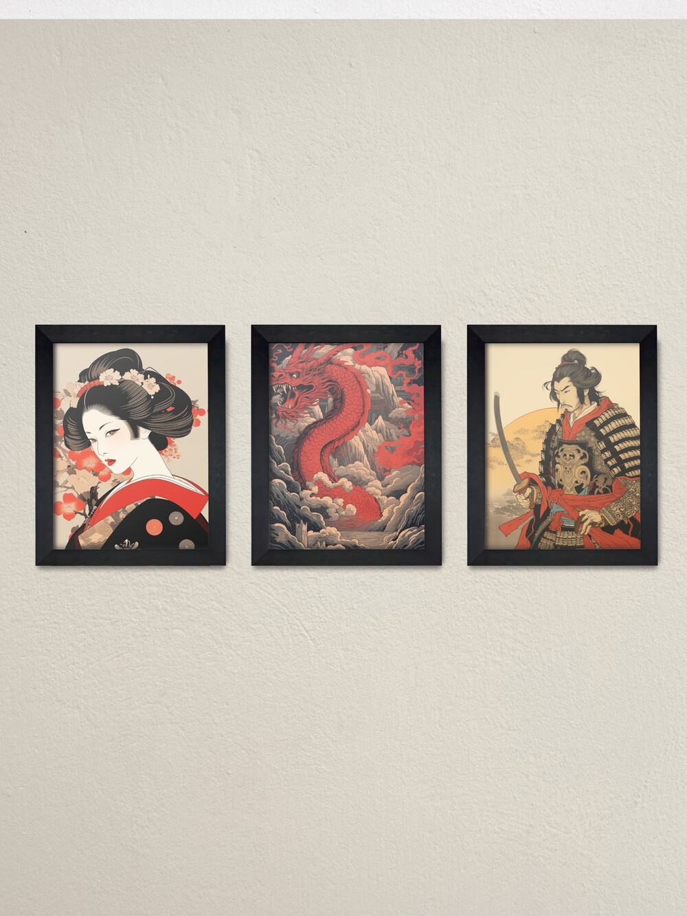Set of 3 Framed Japanese Wall Art Prints – Geisha, Samurai, Dragon Decor